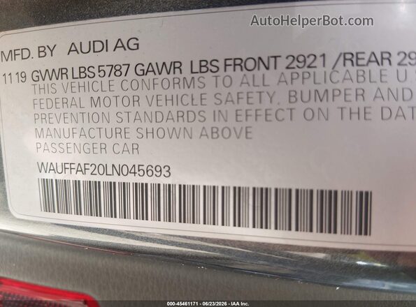 WAUFFAF20LN045693 2020 AUDI S6 Blue Widok komory silnika