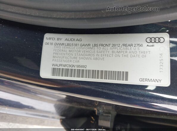 WAUFFAFC9GN185692 2016 AUDI A6 Blue 