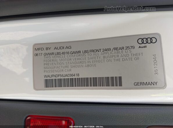 WAUFNDF56JA036418 2018 AUDI A5 White Widok komory silnika