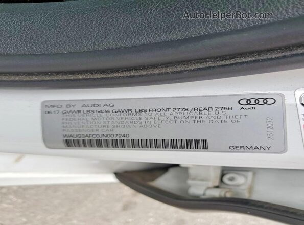 WAUG3AFC0JN007240 2018 AUDI A6 White ძრავის განყოფილების ხედი