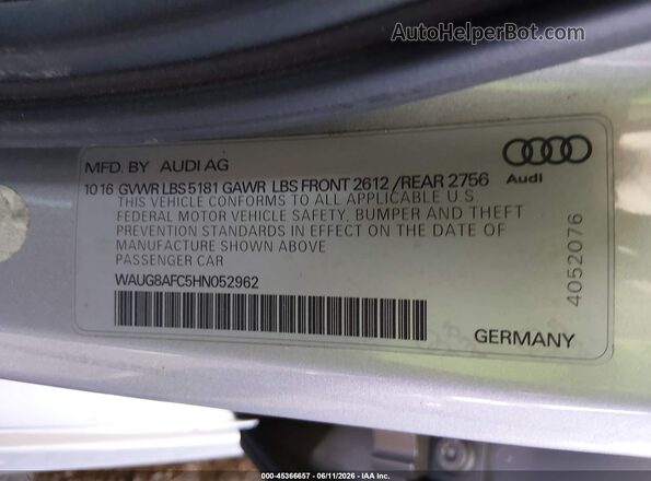WAUG8AFC5HN052962 2017 AUDI A6 Серебряный Вид подкапотного пространства