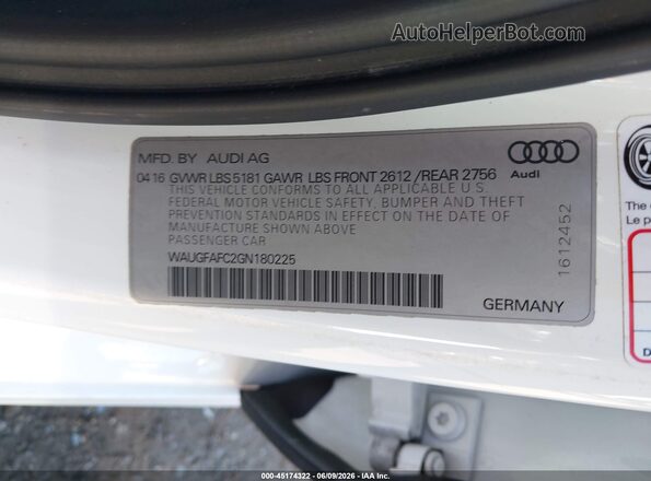 WAUGFAFC2GN180225 2016 AUDI A6 White Vista del compartimento del motor
