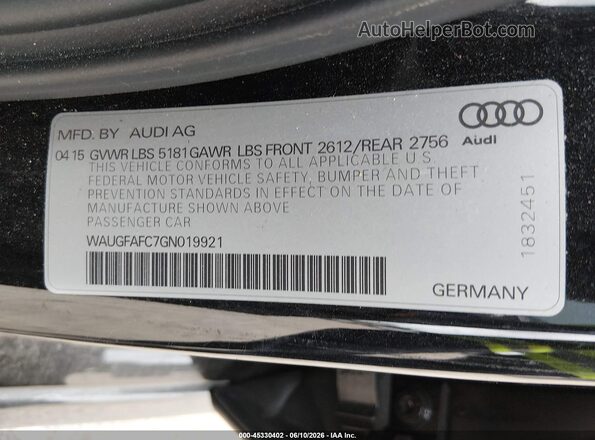 WAUGFAFC7GN019921 2016 AUDI A6 Black Вид підкапотного простору