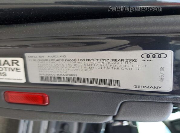 WAUGMAF40KA026899 2019 AUDI A4 Gray Vista del compartimento del motor