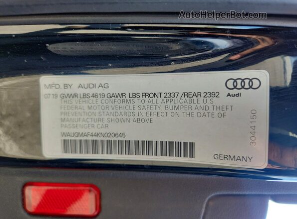 WAUGMAF44KN020645 2019 AUDI A4 Black Widok naklejki z numerem VIN