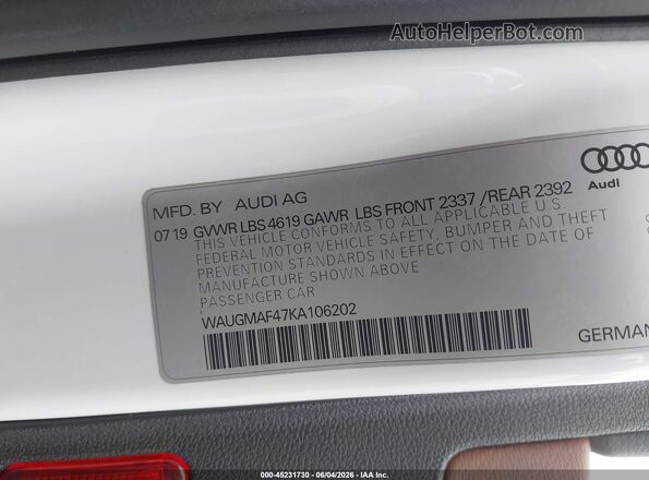 WAUGMAF47KA106202 2019 AUDI OTHER White Engine compartment view