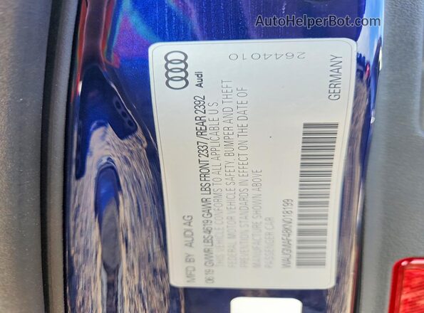 WAUGMAF48KN018199 2019 AUDI A4 Синий 