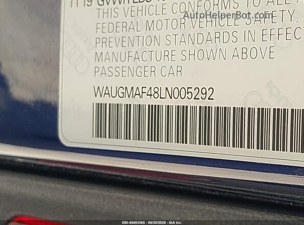 WAUGMAF48LN005292 2020 AUDI A4 Blue Widok komory silnika