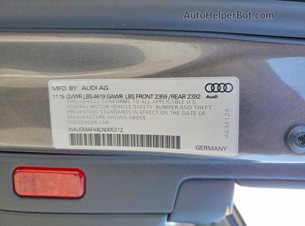 WAUGMAF4XLN005312 2020 AUDI A4 Серый Вид наклейки с VIN-кодом