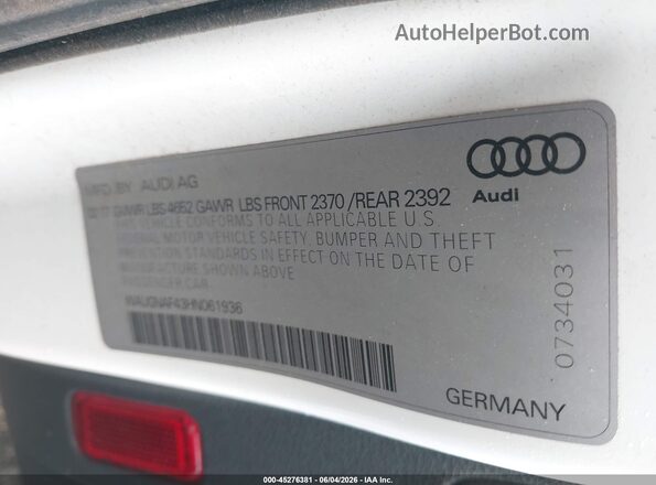 WAUGNAF43HN061936 2017 AUDI OTHER White Вид підкапотного простору