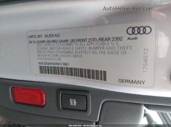 WAUGNAF44HN017881 2017 AUDI A4 Silver Widok komory silnika