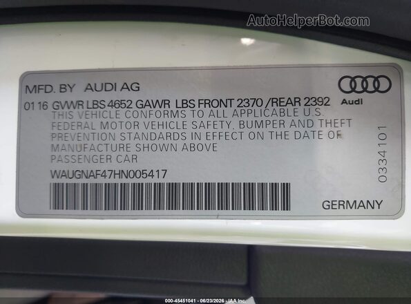 WAUGNAF47HN005417 2017 AUDI A4 White ძრავის განყოფილების ხედი