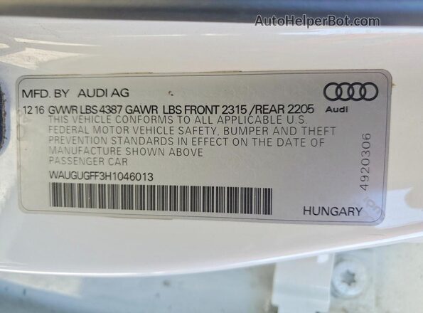 WAUGUGFF3H1046013 2017 AUDI A3 White 