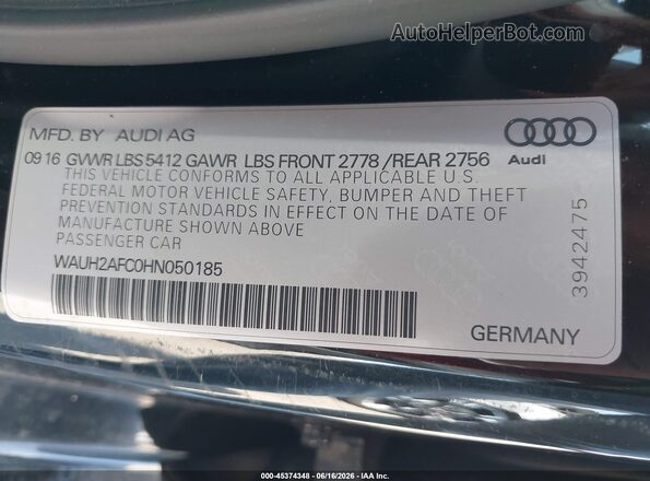 WAUH2AFC0HN050185 2017 AUDI A6 Black ძრავის განყოფილების ხედი