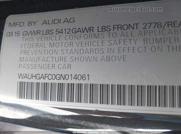 WAUHGAFC0GN014061 2016 AUDI A6 Black Вид підкапотного простору