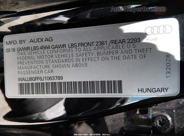 WAUJ8GFF6J1063789 2018 AUDI A3 Black ძრავის განყოფილების ხედი