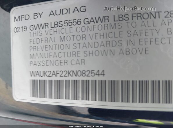 WAUK2AF22KN082544 2019 AUDI A6 Black ძრავის განყოფილების ხედი