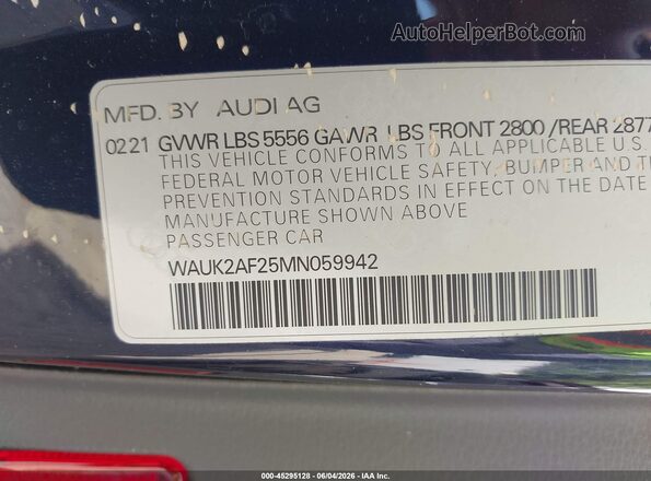 WAUK2AF25MN059942 2021 AUDI A6 Black ძრავის განყოფილების ხედი