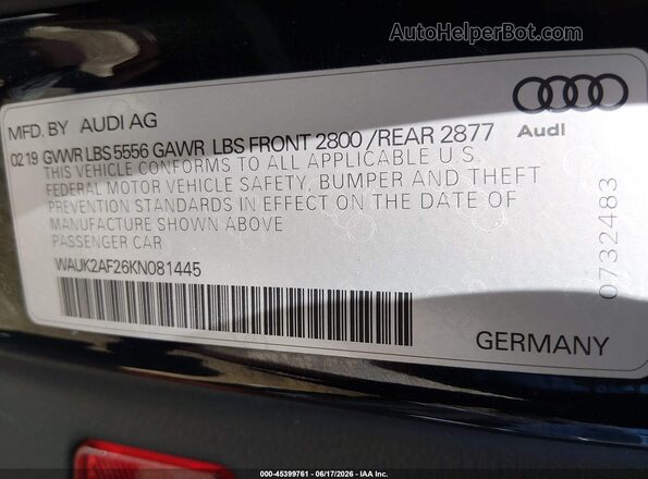 WAUK2AF26KN081445 2019 AUDI A6 Black Vista del compartimento del motor