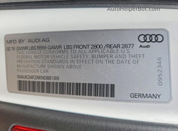 WAUK2AF2XKN088169 2019 AUDI A6 White ძრავის განყოფილების ხედი