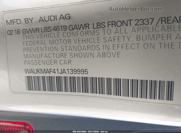 WAUKMAF41JA139995 2018 AUDI A4 Silver Շարժիչի բաժամունքի տեսք