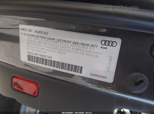 WAUL2AF21KN057445 2019 AUDI A6 Gray Vista del compartimento del motor