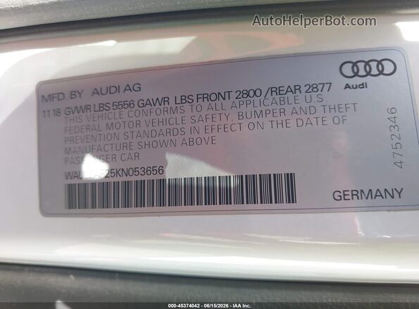 WAUL2AF25KN053656 2019 AUDI A6 White Вид підкапотного простору