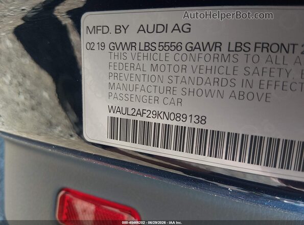 WAUL2AF29KN089138 2019 AUDI A6 Black ძრავის განყოფილების ხედი