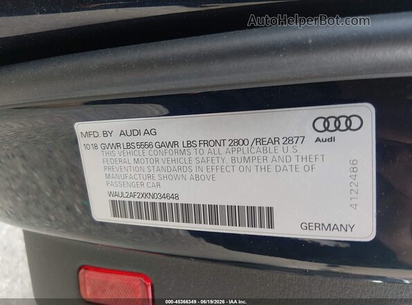 WAUL2AF2XKN034648 2019 AUDI A6 Black Vista del compartimento del motor