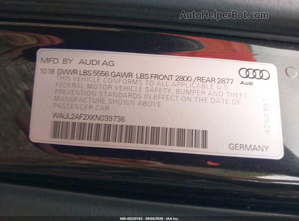 WAUL2AF2XKN039736 2019 AUDI A6 Black Вид підкапотного простору