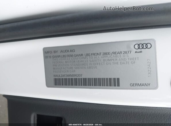 WAUL2AF2XKN095207 2019 AUDI A6 White ძრავის განყოფილების ხედი