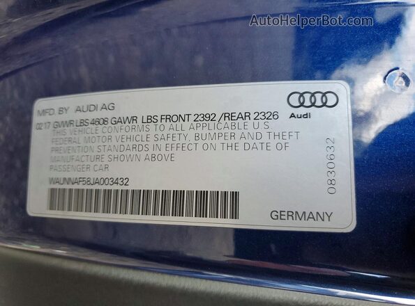 WAUNNAF58JA003432 2018 AUDI A5 Blue Widok naklejki z numerem VIN
