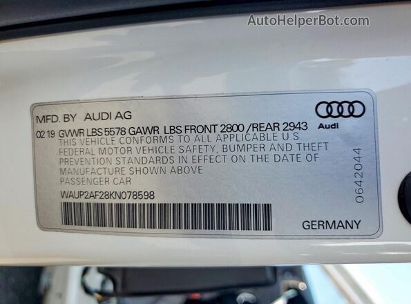 WAUP2AF28KN078598 2019 AUDI A7 White Vista de la etiqueta del VIN