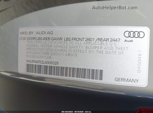 WAUP4AF52LA006325 2020 AUDI S5 Gray Вид підкапотного простору
