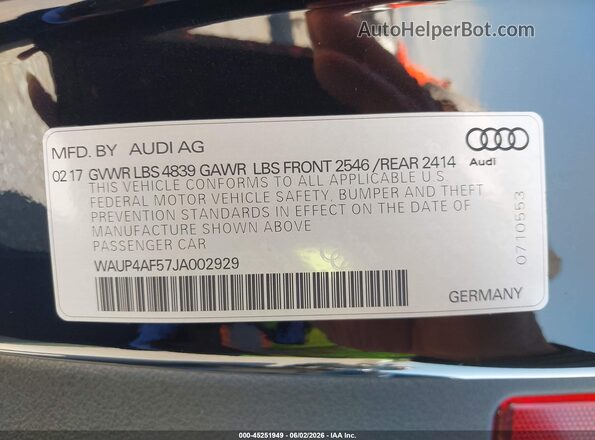 WAUP4AF57JA002929 2018 AUDI S5 Черный Вид подкапотного пространства