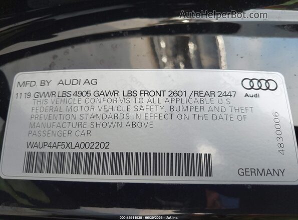 WAUP4AF5XLA002202 2020 AUDI S5 Черный Вид подкапотного пространства