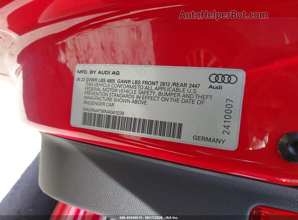 WAUR4AF56NA041039 2022 AUDI S5 Red Widok komory silnika
