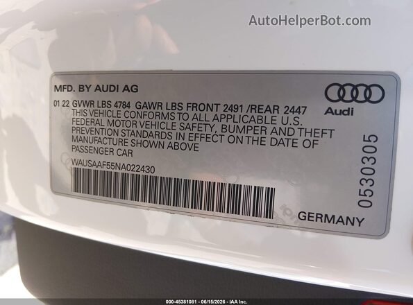 WAUSAAF55NA022430 2022 AUDI A5 White Widok komory silnika