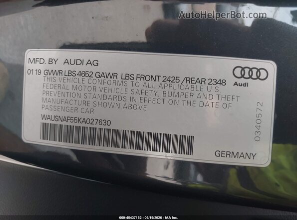 WAUSNAF55KA027630 2019 AUDI A5 Gray Engine compartment view