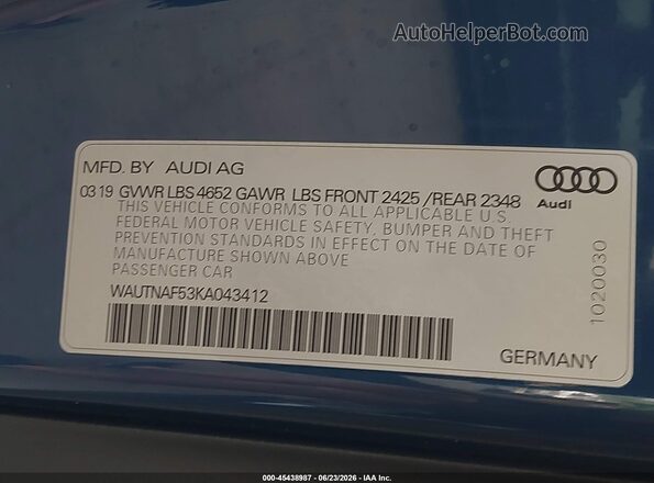 WAUTNAF53KA043412 2019 AUDI A5 Blue Vista del compartimento del motor