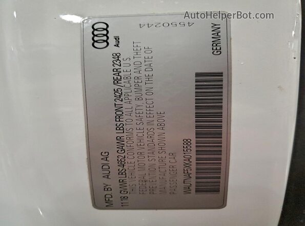 WAUTNAF5XKA015588 2019 AUDI A5 White ძრავის განყოფილების ხედი