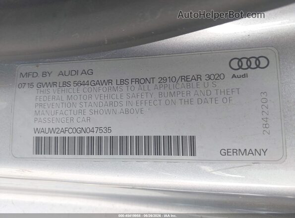 WAUW2AFC0GN047535 2016 AUDI S7 Silver Widok komory silnika