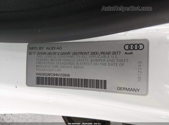 WAUW2AFC6HN103608 2017 AUDI A7 White Engine compartment view