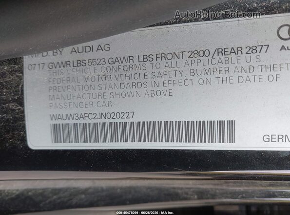 WAUW3AFC2JN020227 2018 AUDI A7 Black Vista del compartimento del motor