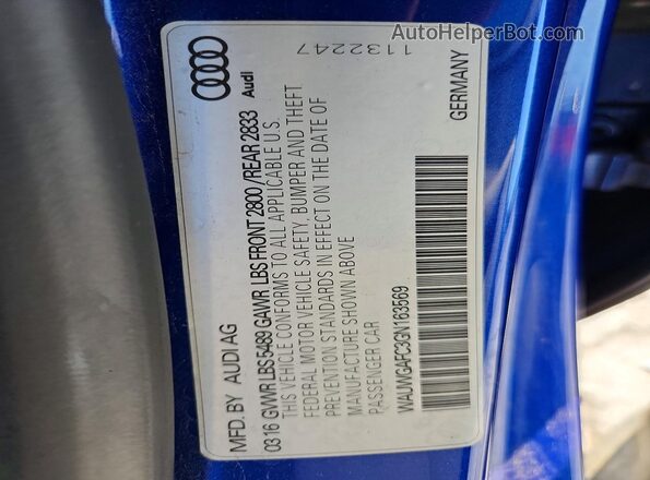WAUWGAFC3GN163569 2016 AUDI A7 Blue Вид підкапотного простору