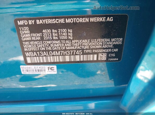 WBA13AL04M7H37745 2021 BMW M2 Зеленый Вид подкапотного пространства