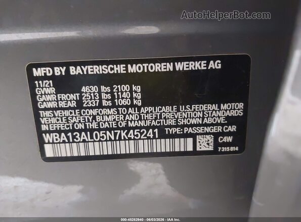 WBA13AL05N7K45241 2022 BMW M2 Серый Вид подкапотного пространства