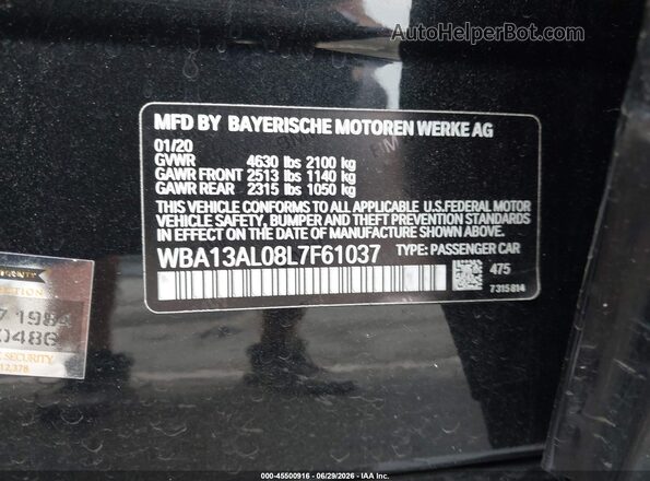 WBA13AL08L7F61037 2020 BMW M2 Black ძრავის განყოფილების ხედი