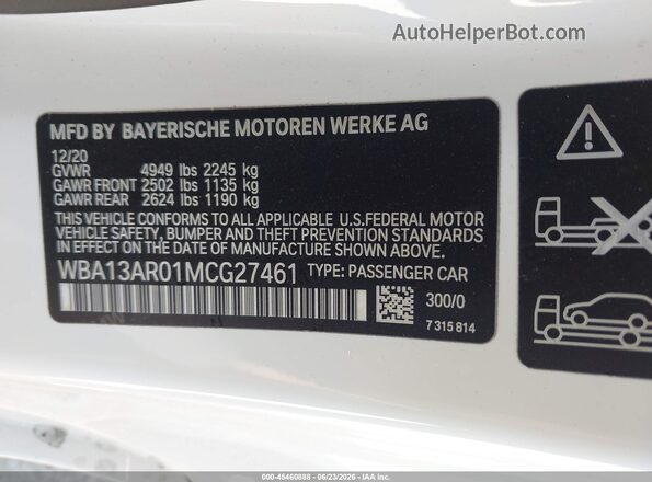 WBA13AR01MCG27461 2021 BMW M4 White ძრავის განყოფილების ხედი