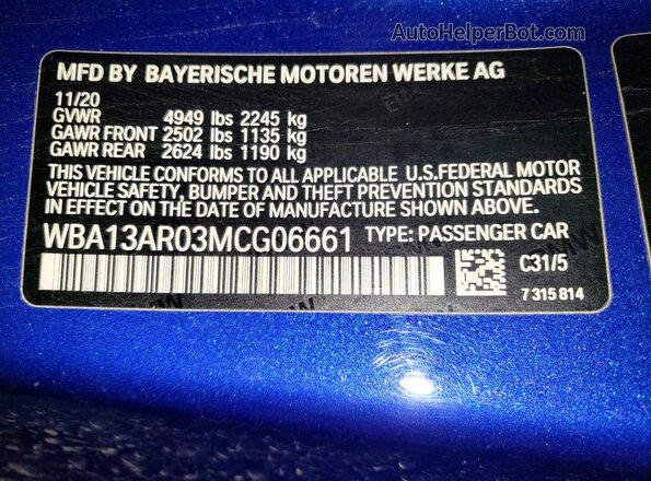 WBA13AR03MCG06661 2021 BMW M4 Blue 